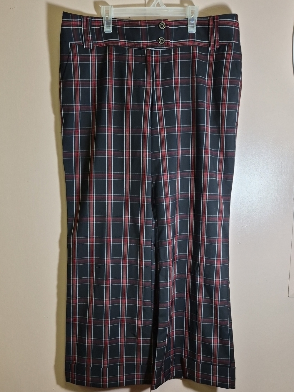 Vintage Chic Plaid Wide-Leg Trousers – Red, Navy & White Tartan Pants 14